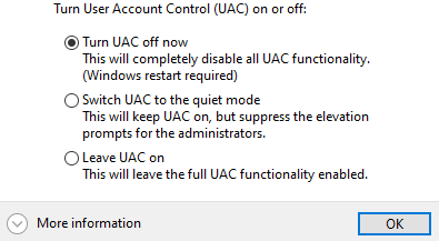 Disable UAC (User Account Control)